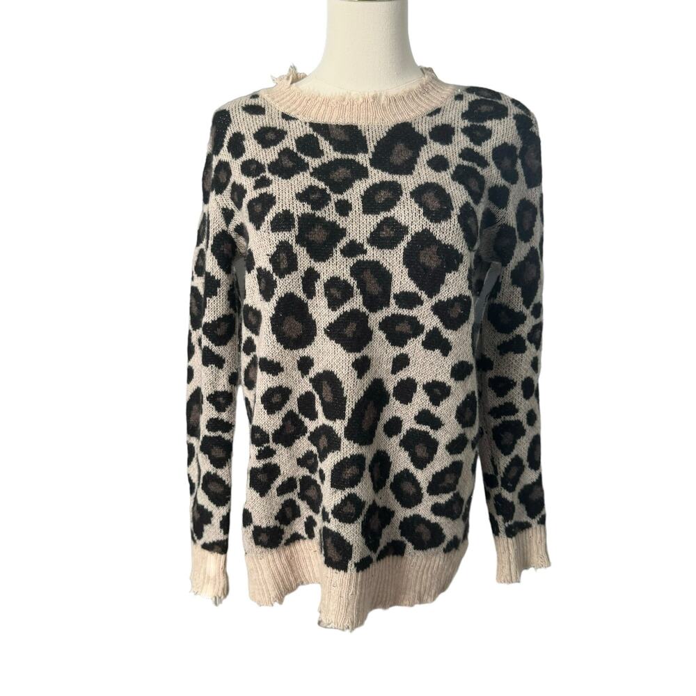Aqua Distressed Leopard Print 100% Cashmere Sweater Edgy Animal Grunge 80s Small - Picture 2 of 12